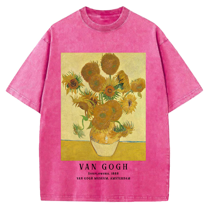 Sunflowers Van Gogh Vintage Design Washed Crew Neck T-Shirt