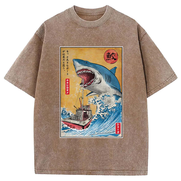 Hunting shark in Japan Washed Crew Neck T-Shirt
