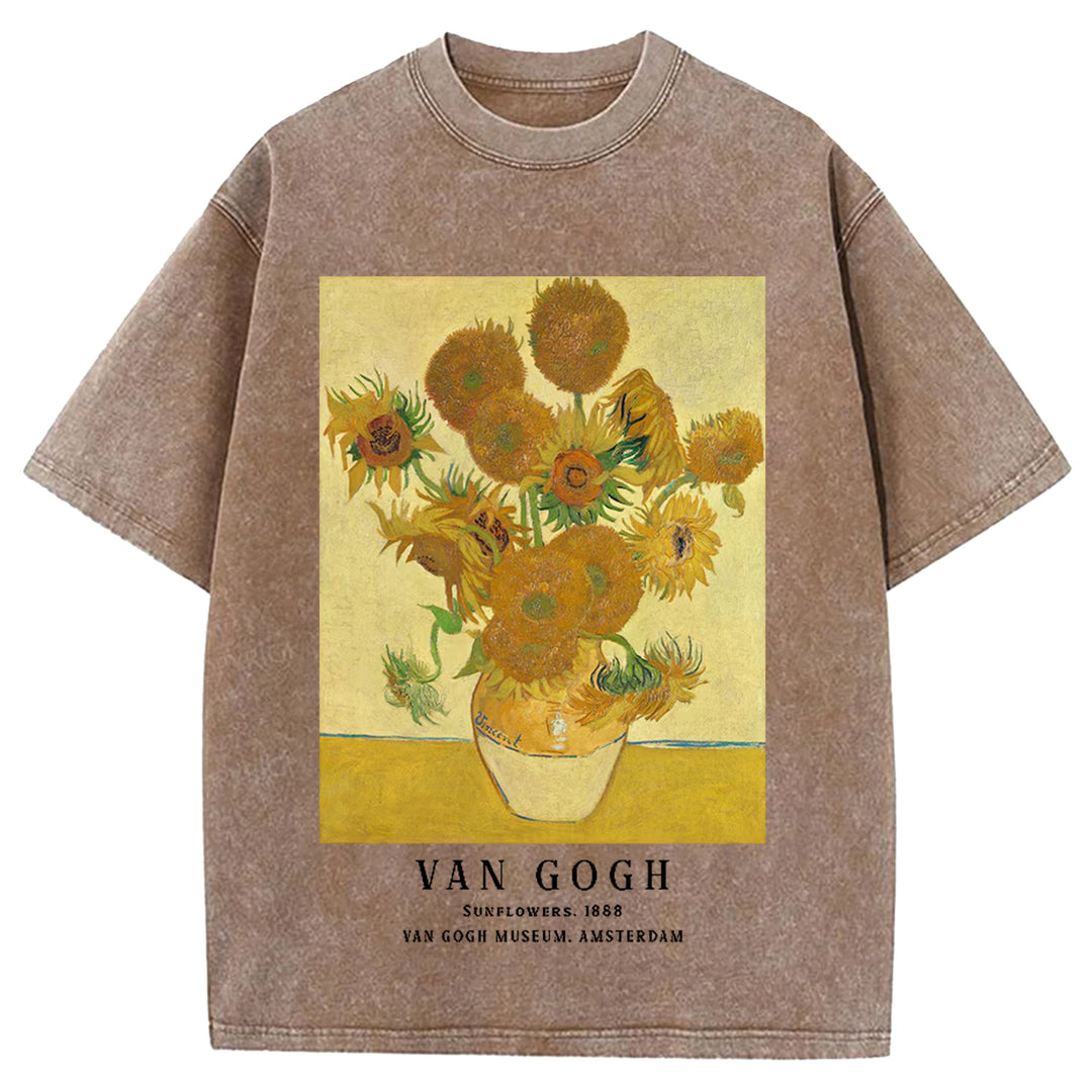 Sunflowers Van Gogh Vintage Design Washed Crew Neck T-Shirt