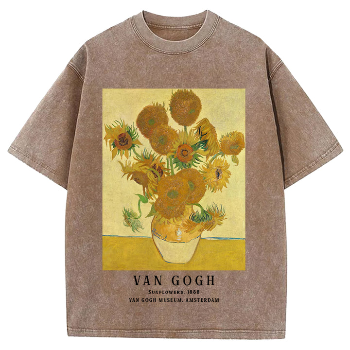Sunflowers Van Gogh Vintage Design Washed Crew Neck T-Shirt