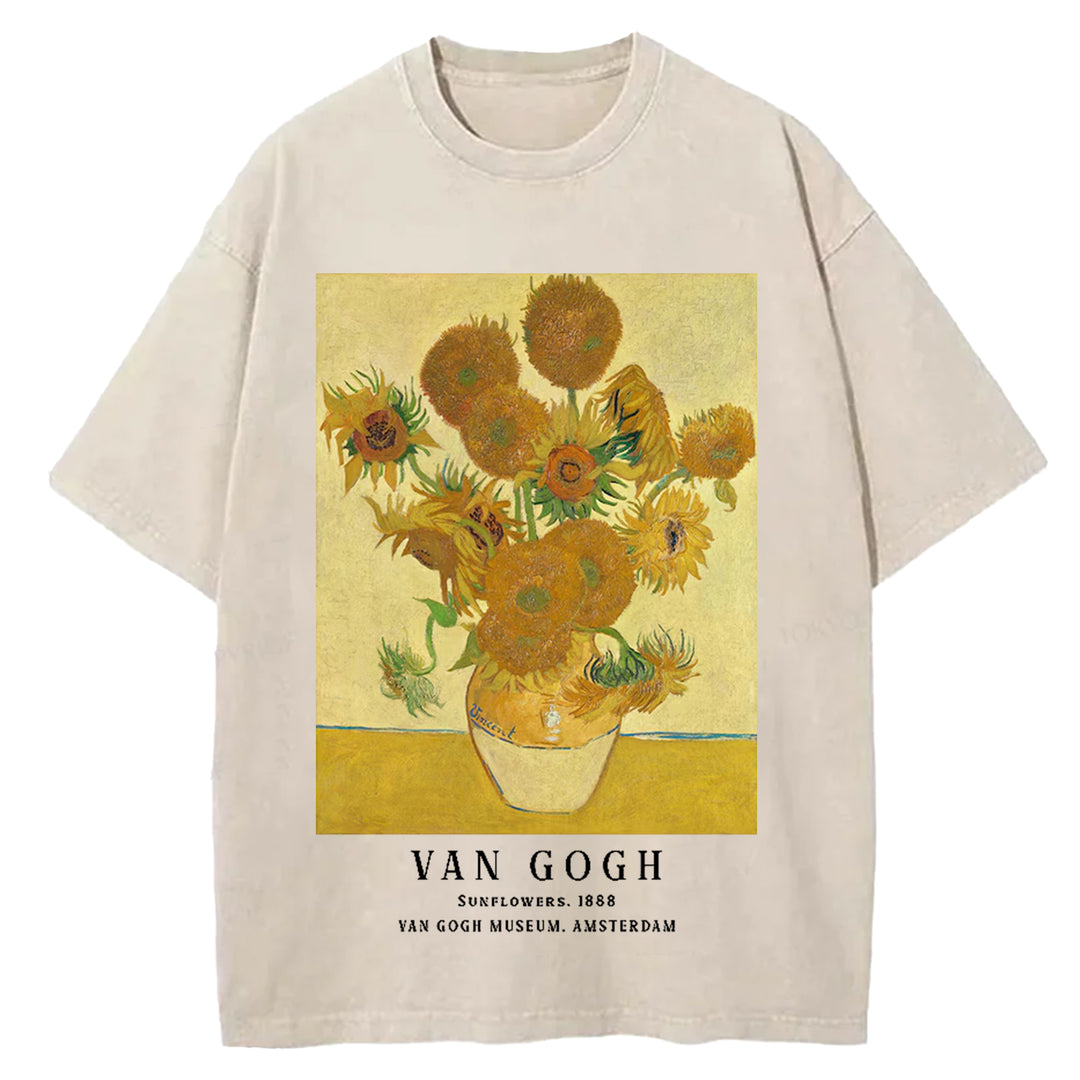 Sunflowers Van Gogh Vintage Design Washed Crew Neck T-Shirt