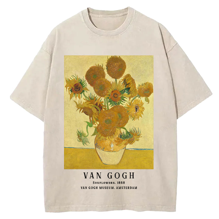 Sunflowers Van Gogh Vintage Design Washed Crew Neck T-Shirt