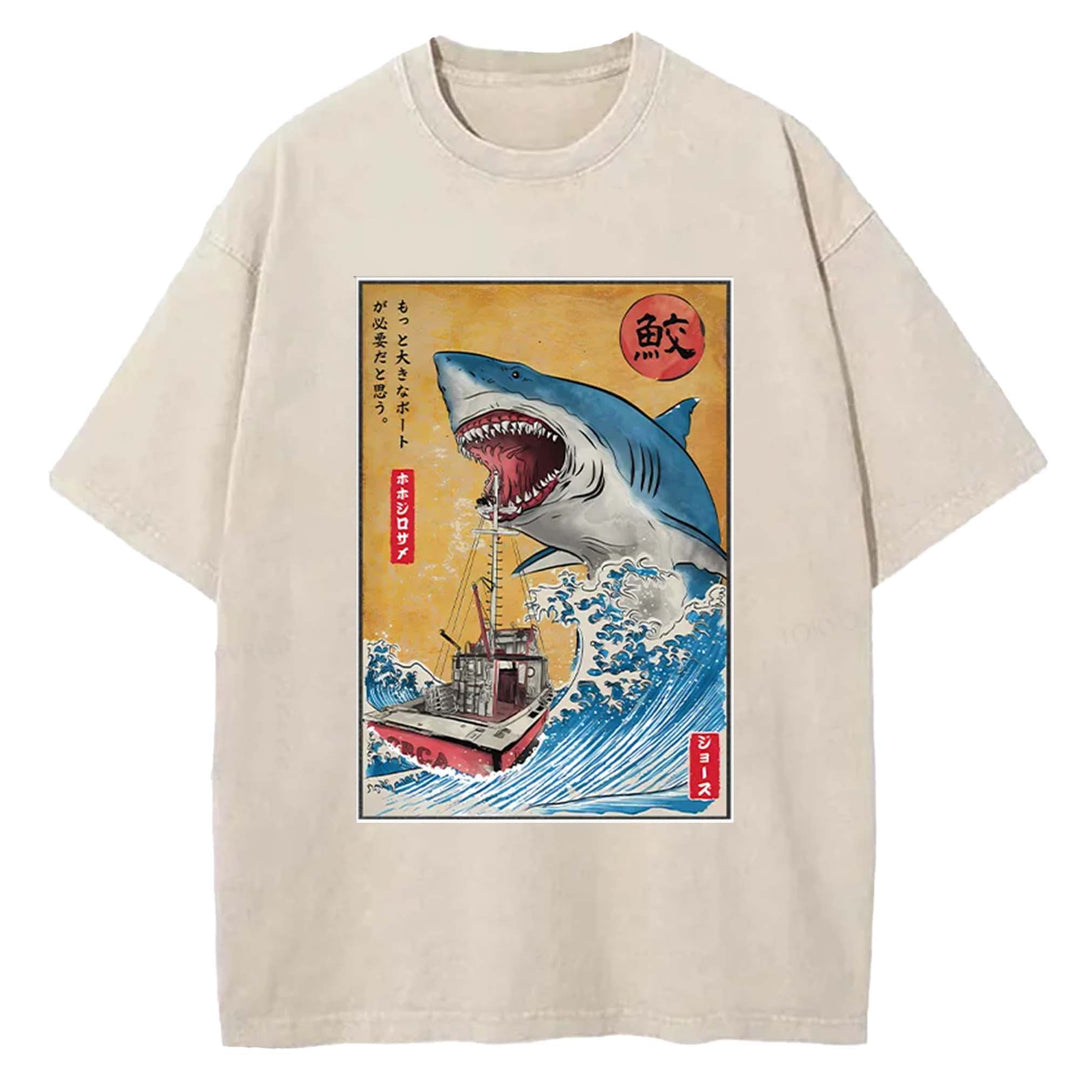 Hunting shark in Japan Washed Crew Neck T-Shirt