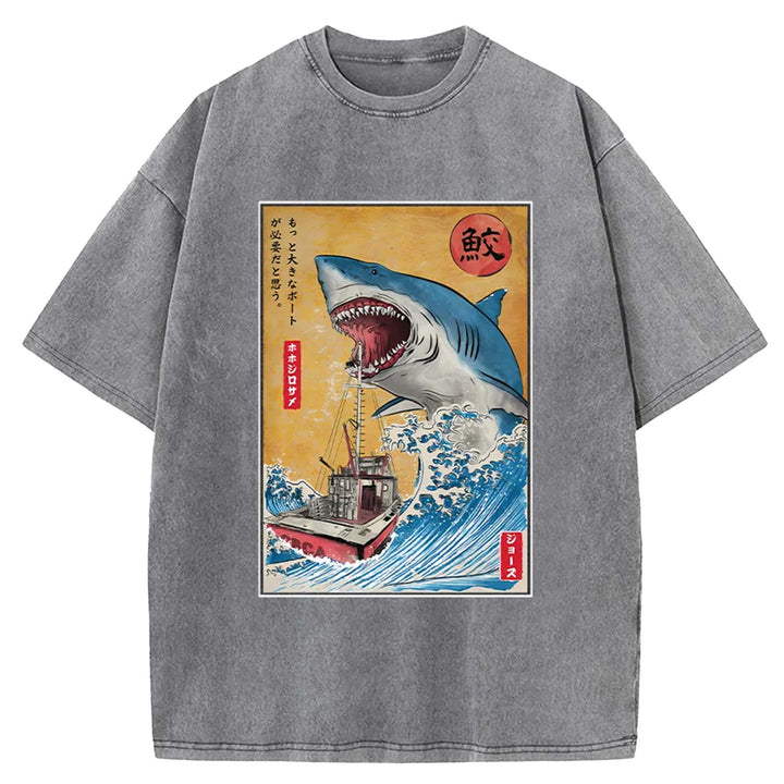 Hunting shark in Japan Washed Crew Neck T-Shirt