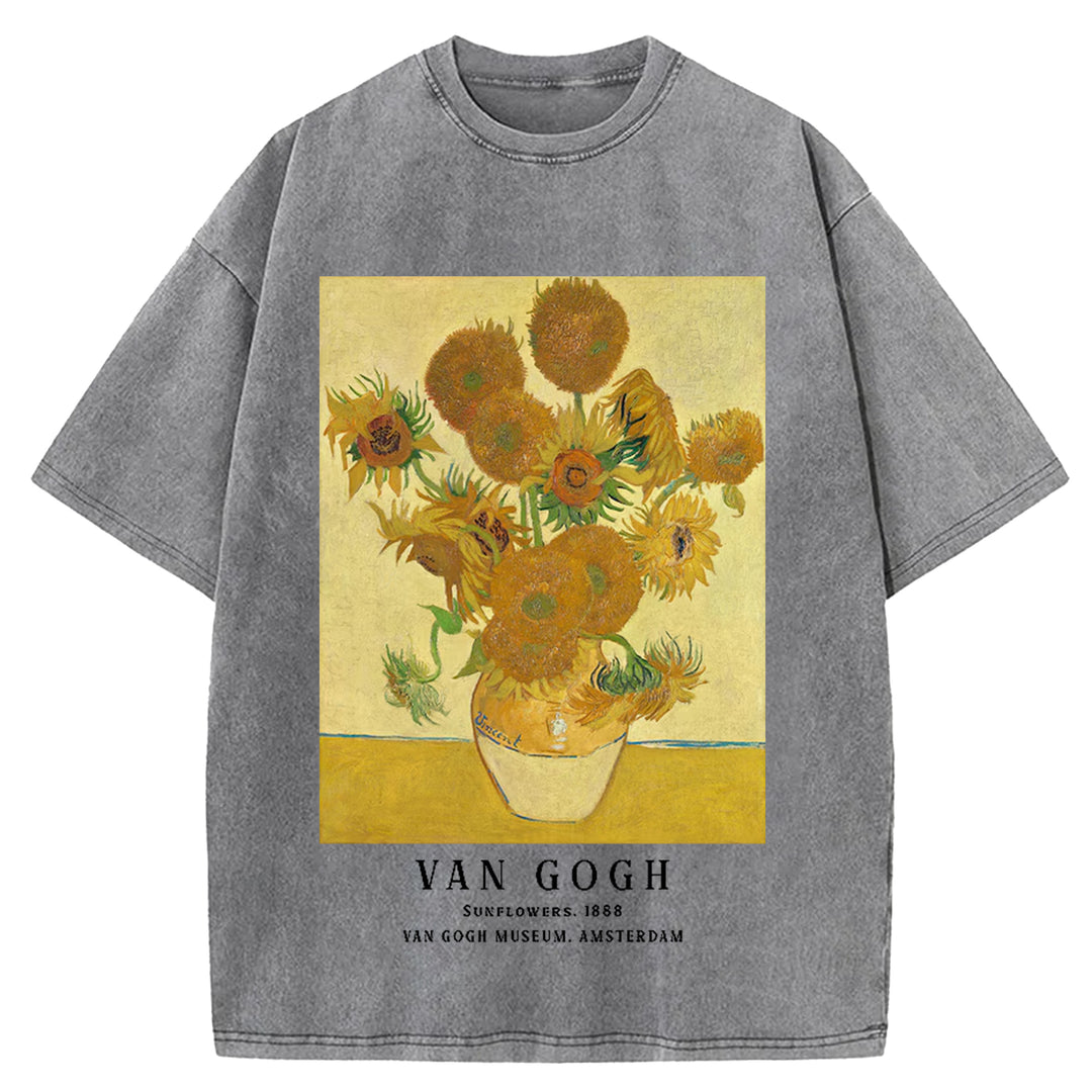Sunflowers Van Gogh Vintage Design Washed Crew Neck T-Shirt