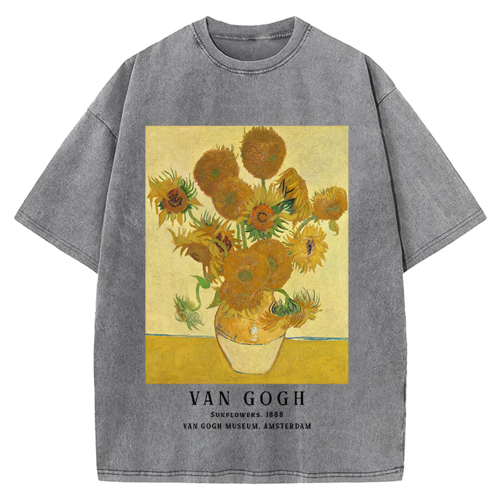 Sunflowers Van Gogh Vintage Design Washed Crew Neck T-Shirt