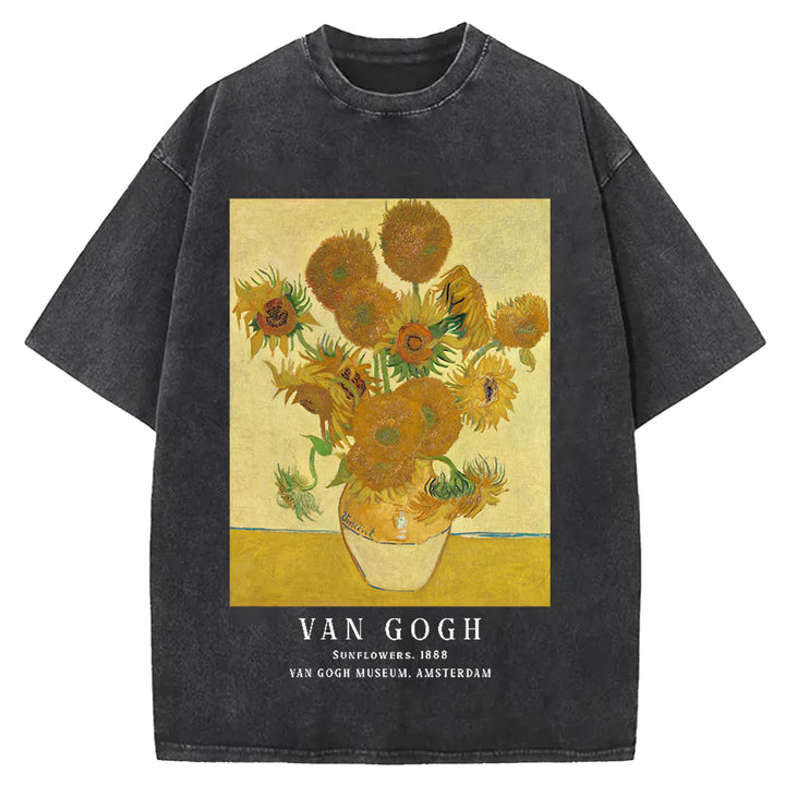 Sunflowers Van Gogh Vintage Design Washed Crew Neck T-Shirt