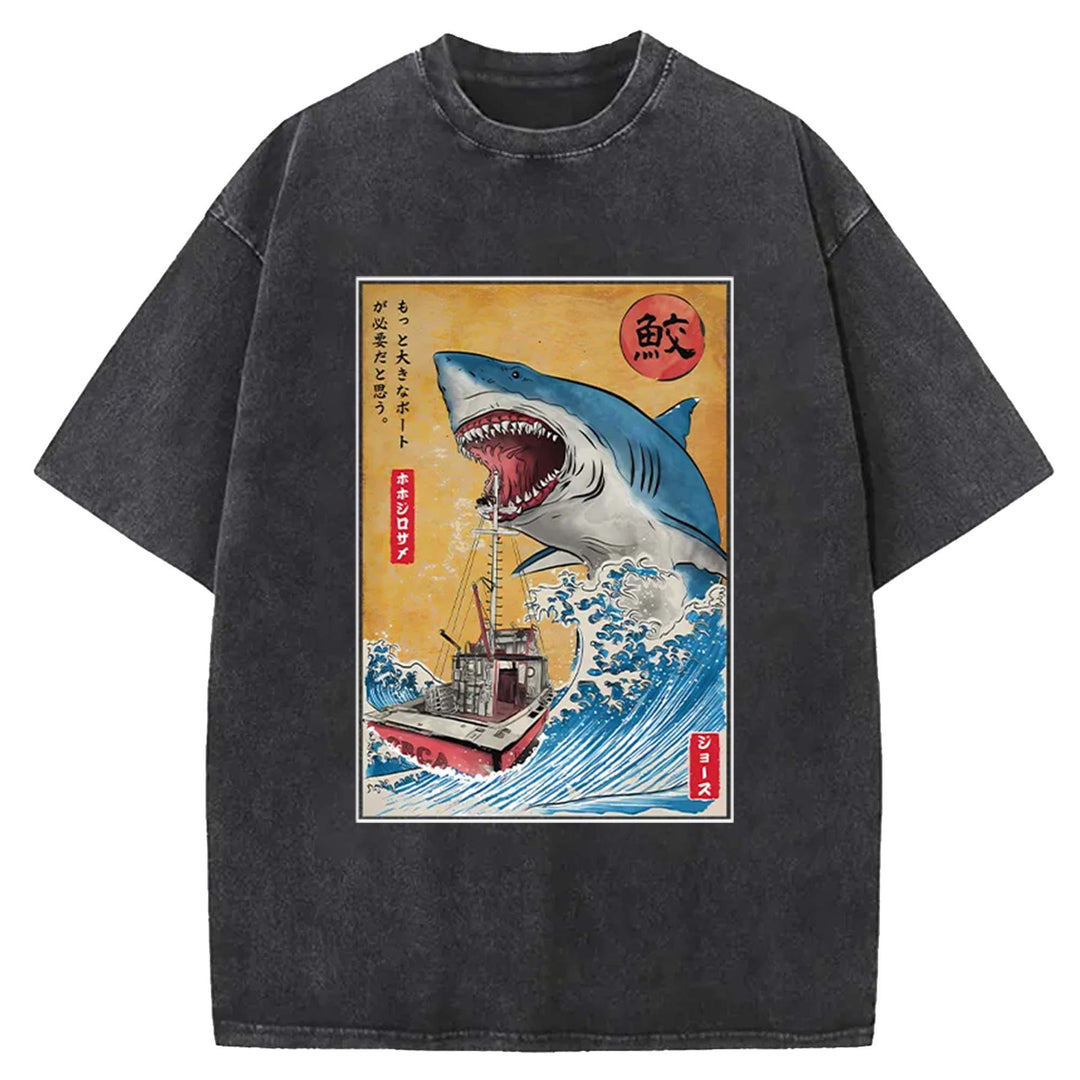 Hunting shark in Japan Washed Crew Neck T-Shirt