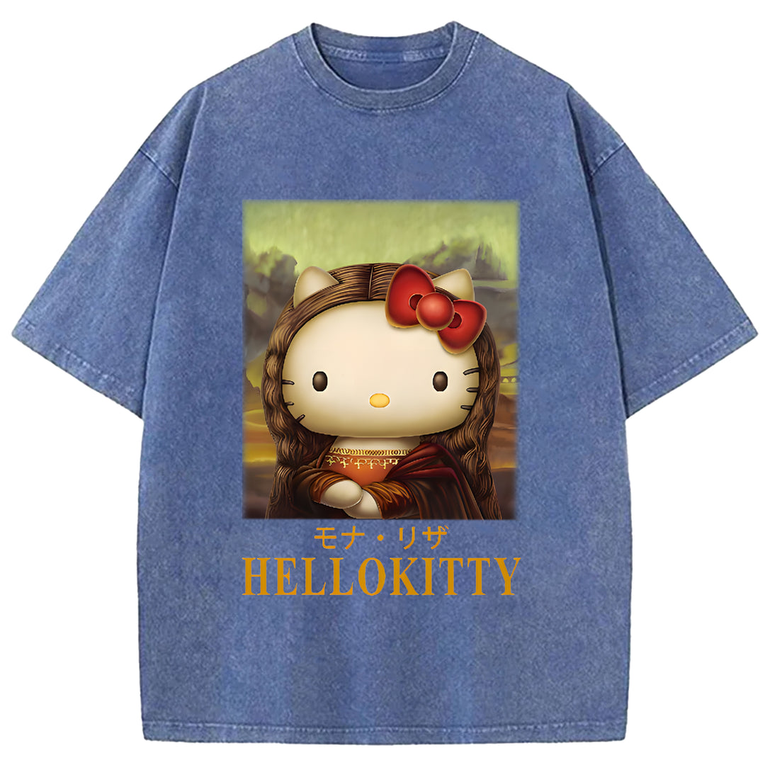 Mona Lisa Kitty Vintage Japanese Design Washed Crew Neck T-Shirt