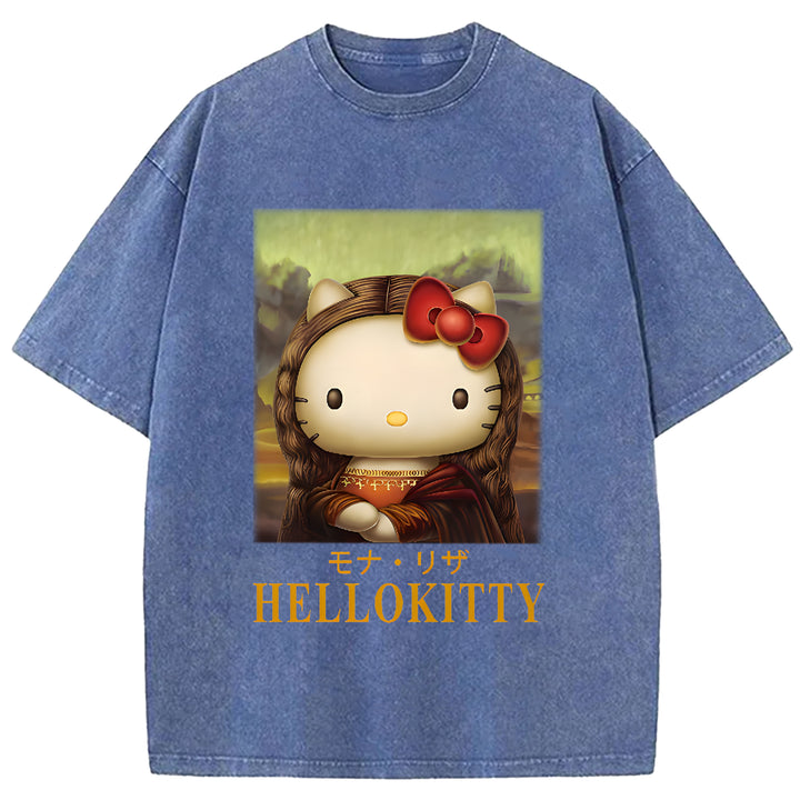 Mona Lisa Kitty Vintage Japanese Design Washed Crew Neck T-Shirt