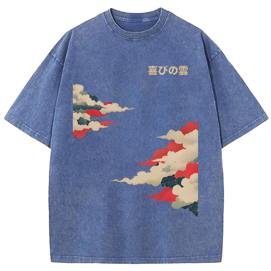Colorful Clouds Japanese Retro Pattern Washed Crew Neck T-Shirt
