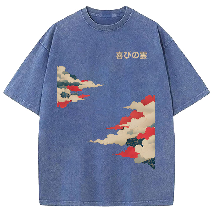 Colorful Clouds Japanese Retro Pattern Washed Crew Neck T-Shirt