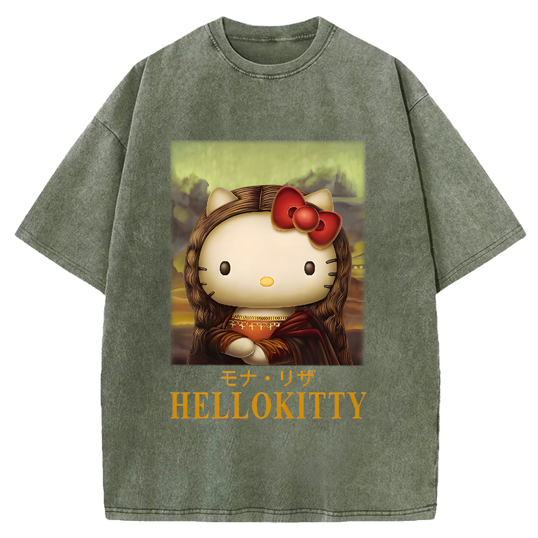 Mona Lisa Kitty Vintage Japanese Design Washed Crew Neck T-Shirt