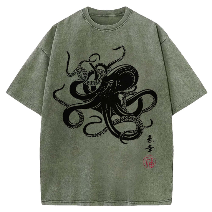 Japanese Octopus Washed Crew Neck T-Shirt