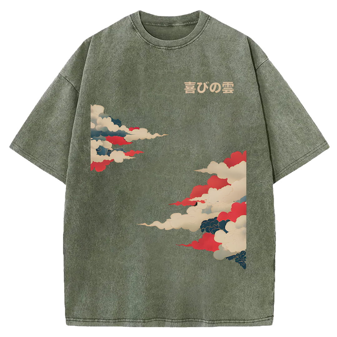 Colorful Clouds Japanese Retro Pattern Washed Crew Neck T-Shirt