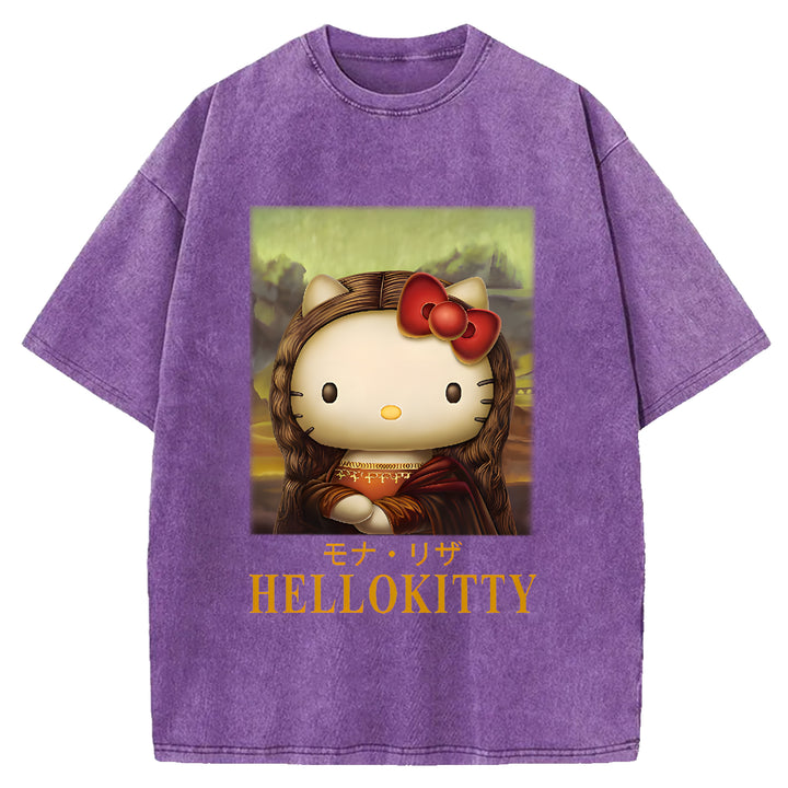 Mona Lisa Kitty Vintage Japanese Design Washed Crew Neck T-Shirt