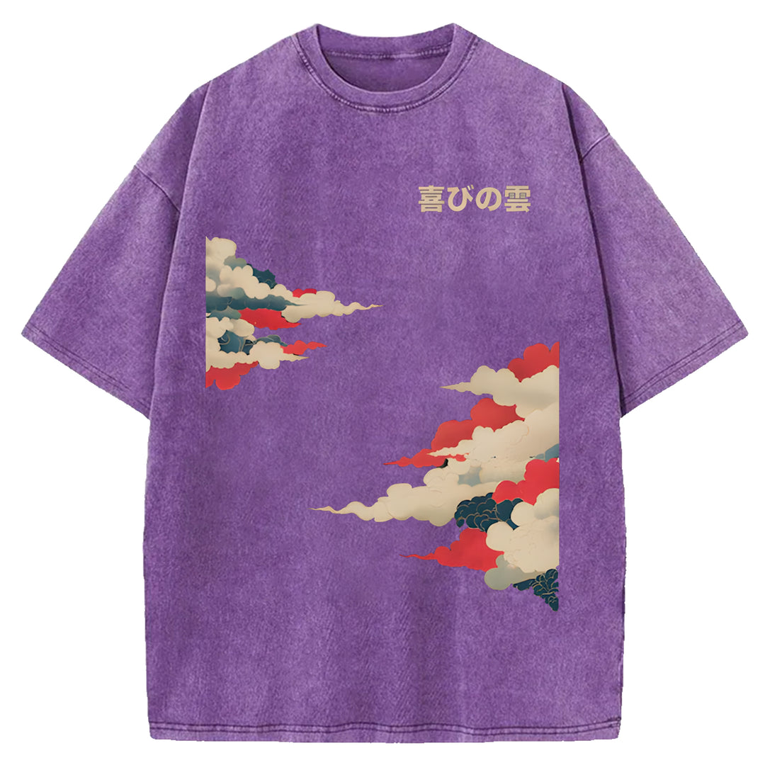 Colorful Clouds Japanese Retro Pattern Washed Crew Neck T-Shirt