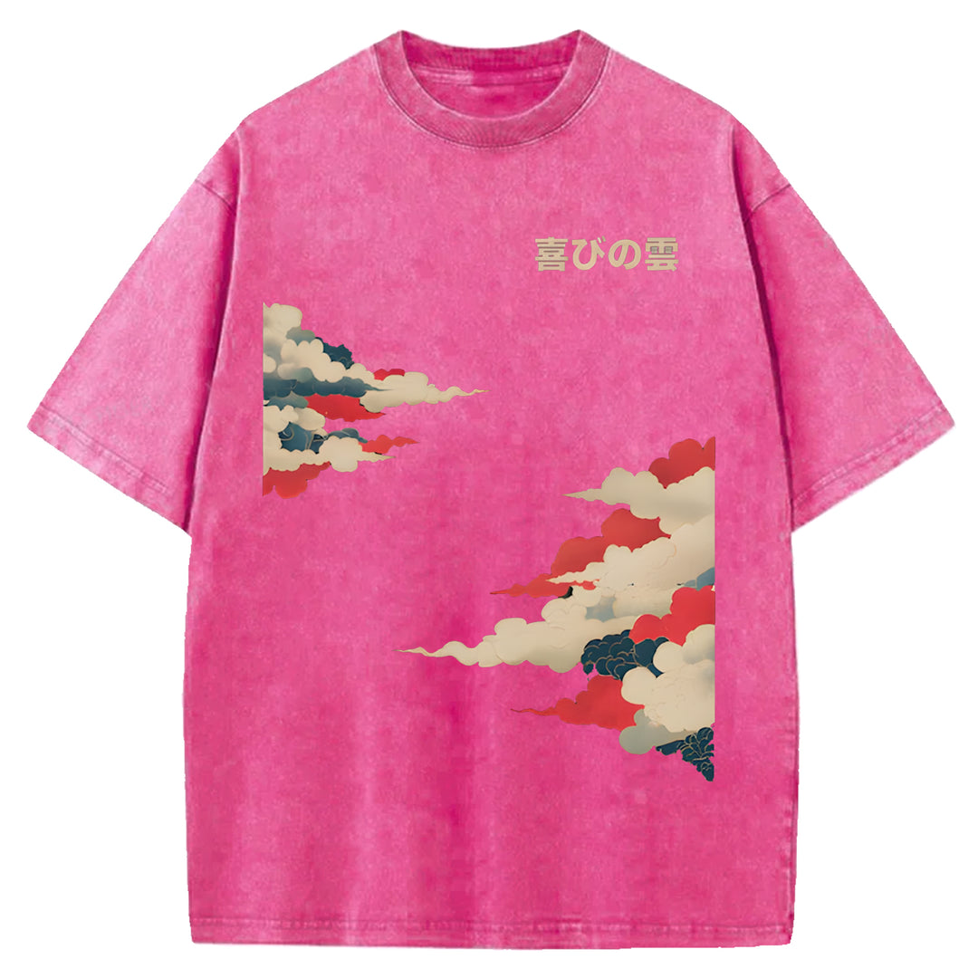 Colorful Clouds Japanese Retro Pattern Washed Crew Neck T-Shirt