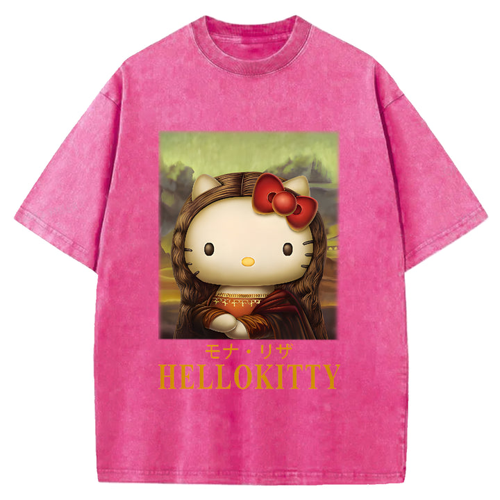 Mona Lisa Kitty Vintage Japanese Design Washed Crew Neck T-Shirt