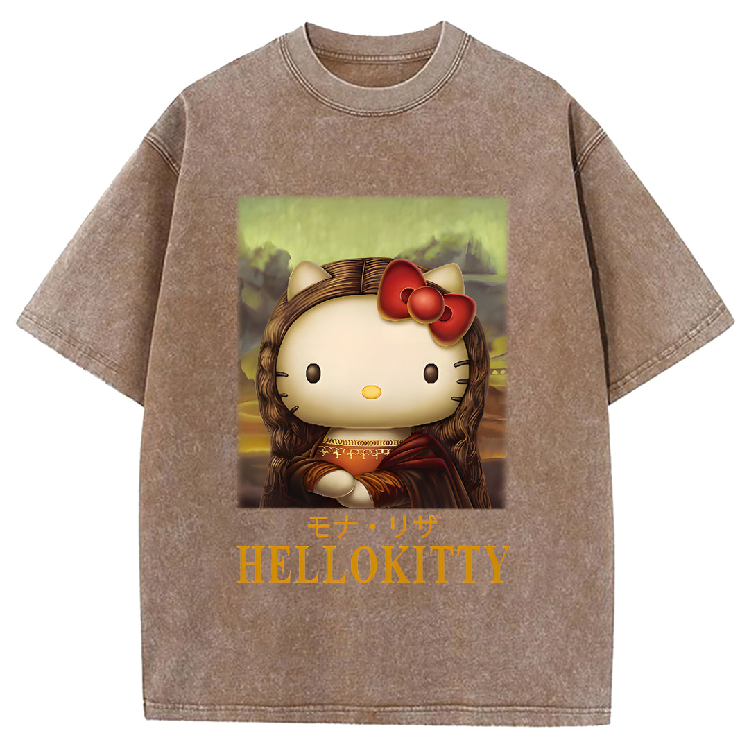 Mona Lisa Kitty Vintage Japanese Design Washed Crew Neck T-Shirt