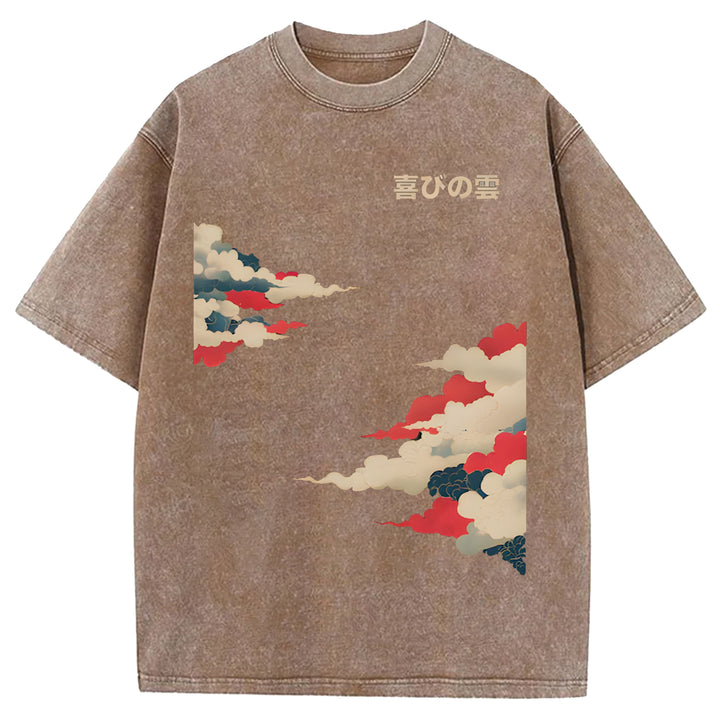 Colorful Clouds Japanese Retro Pattern Washed Crew Neck T-Shirt