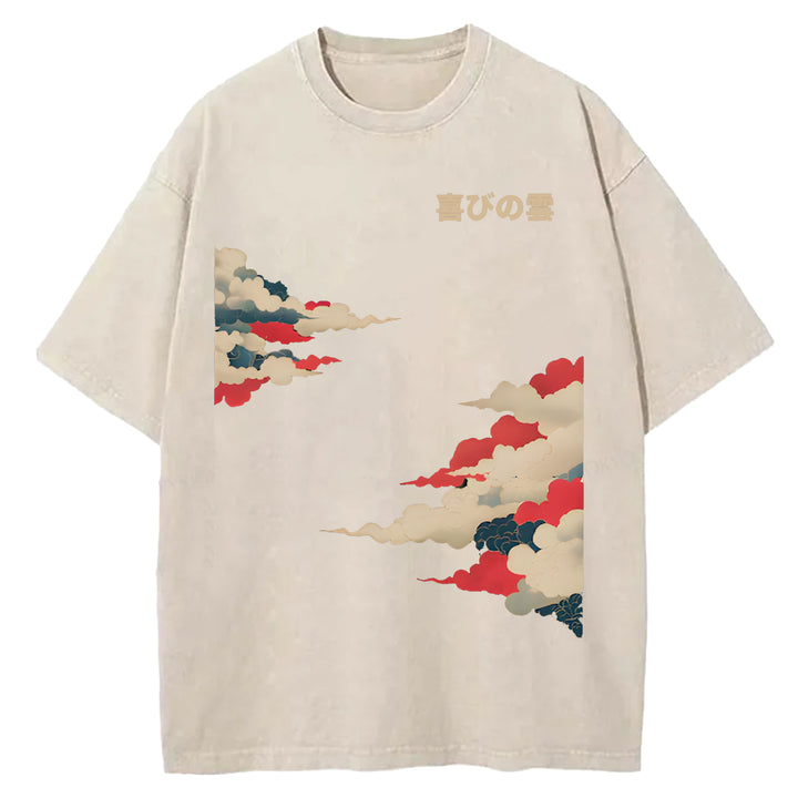 Colorful Clouds Japanese Retro Pattern Washed Crew Neck T-Shirt