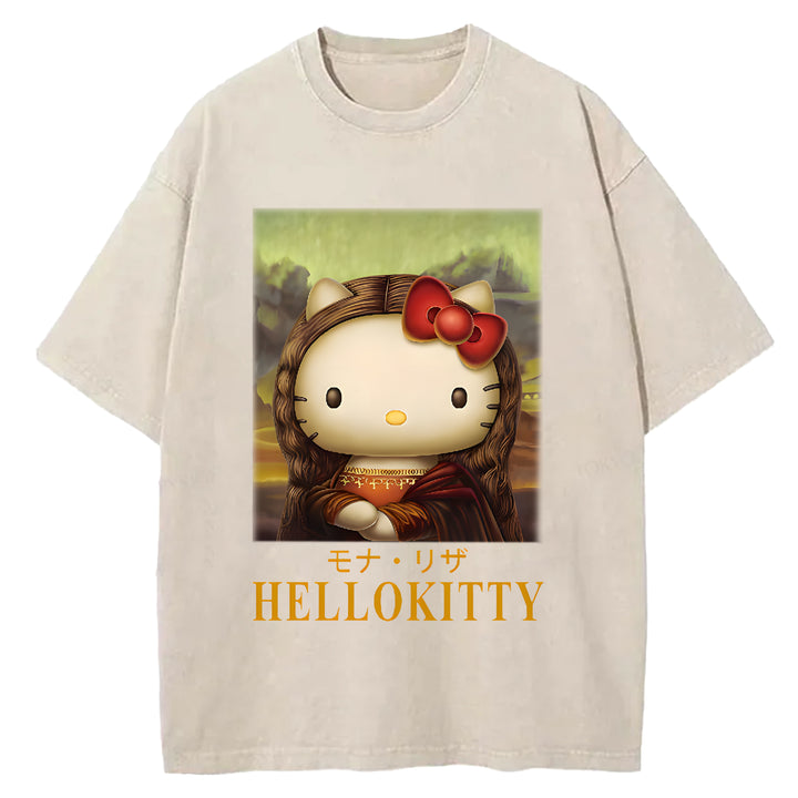Mona Lisa Kitty Vintage Japanese Design Washed Crew Neck T-Shirt