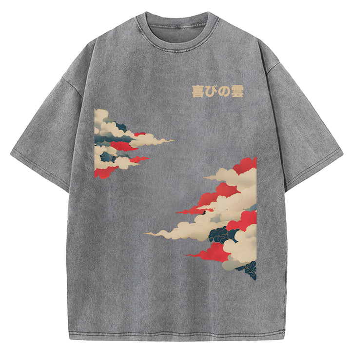 Colorful Clouds Japanese Retro Pattern Washed Crew Neck T-Shirt