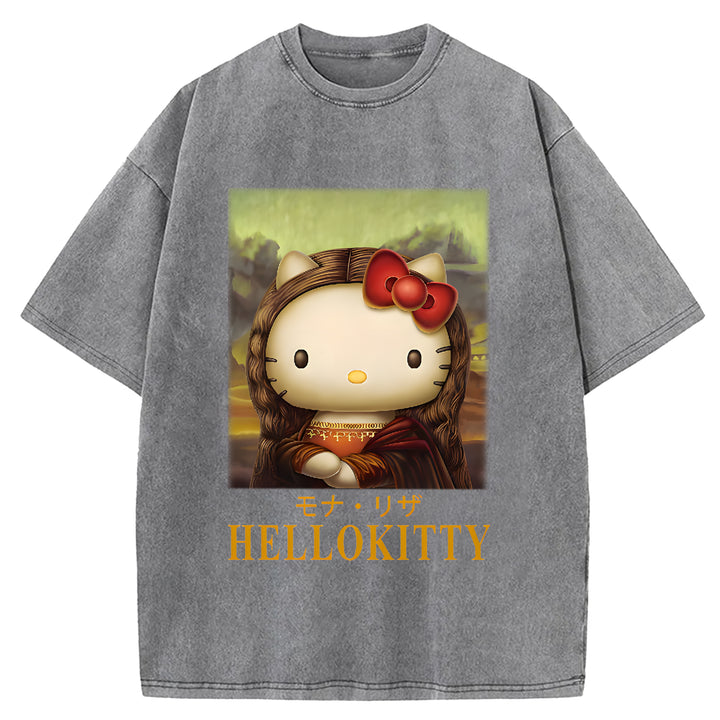 Mona Lisa Kitty Vintage Japanese Design Washed Crew Neck T-Shirt