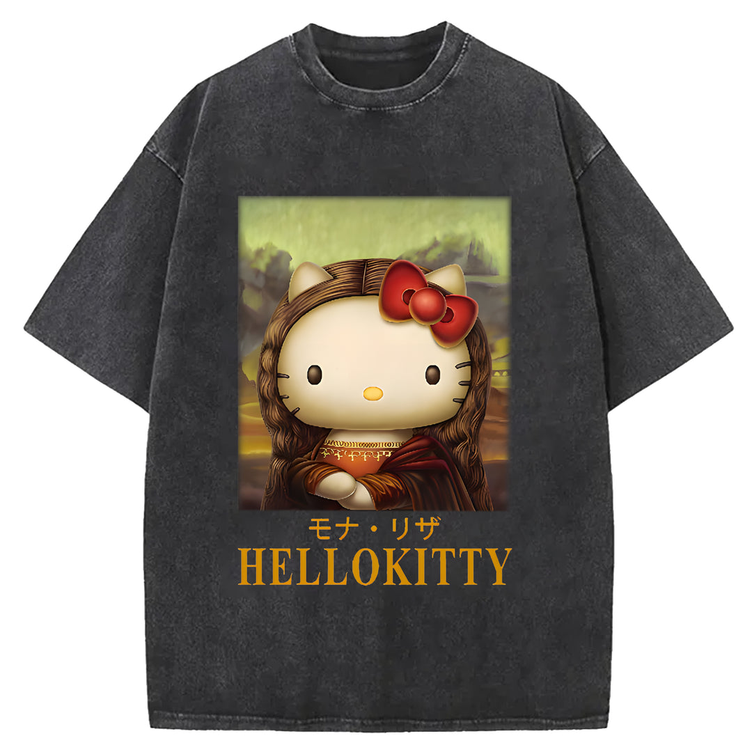 Mona Lisa Kitty Vintage Japanese Design Washed Crew Neck T-Shirt