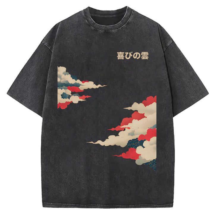 Colorful Clouds Japanese Retro Pattern Washed Crew Neck T-Shirt