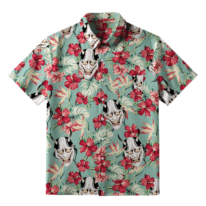 Oni Mask And Flower Button-up Shirt