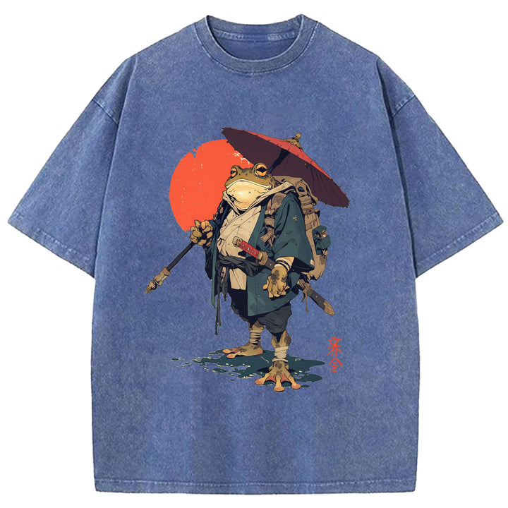 Japanese Frog Samurai Round Neck Washed T-Shirt