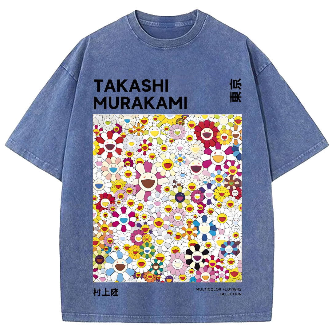 Flower TM Vintage Japanese Design Washed Crew Neck T-Shirt