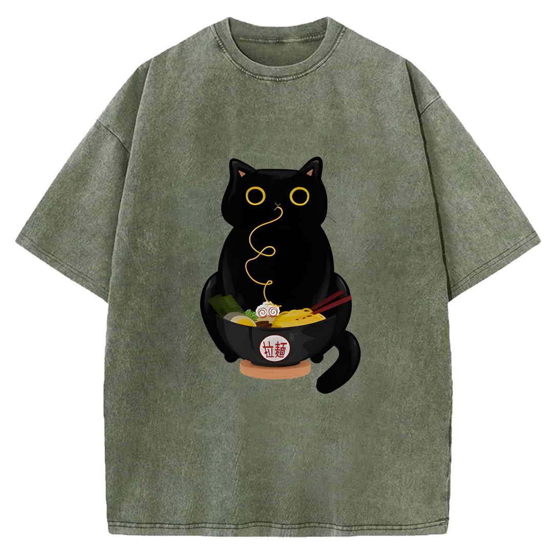Black Cat Eating Ramen Washed Crew Neck T-Shirt