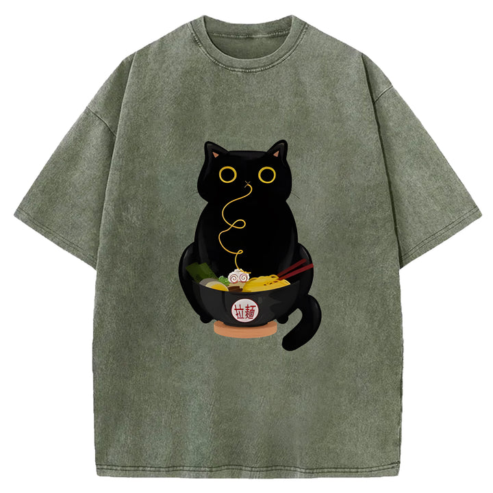 Black Cat Eating Ramen Washed Crew Neck T-Shirt