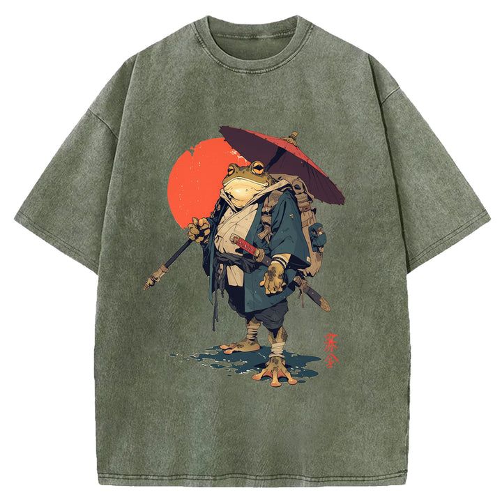 Japanese Frog Samurai Round Neck Washed T-Shirt