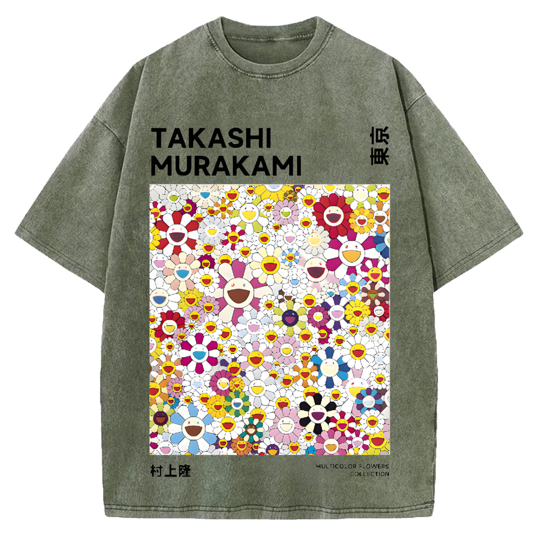 Flower TM Vintage Japanese Design Washed Crew Neck T-Shirt