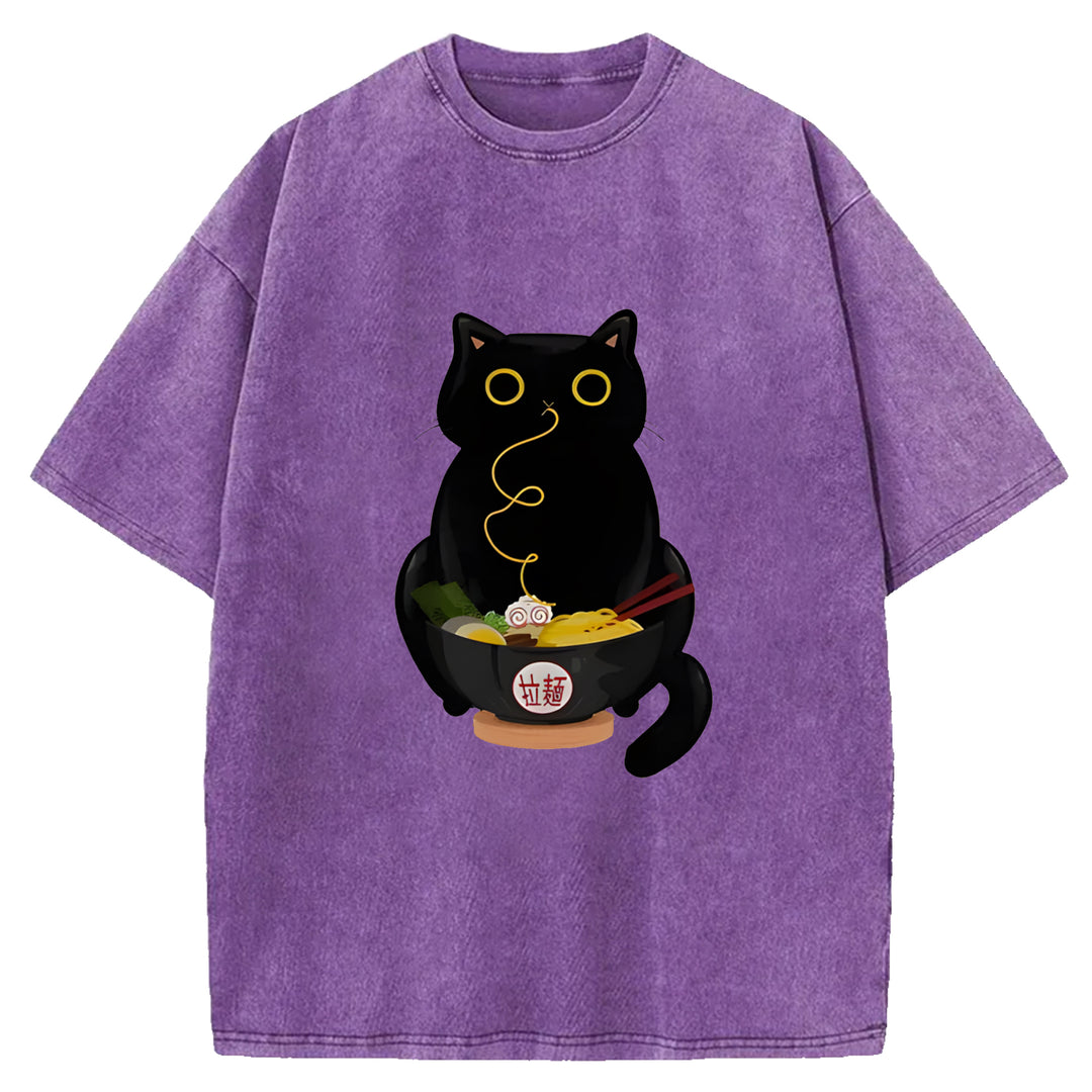 Black Cat Eating Ramen Washed Crew Neck T-Shirt