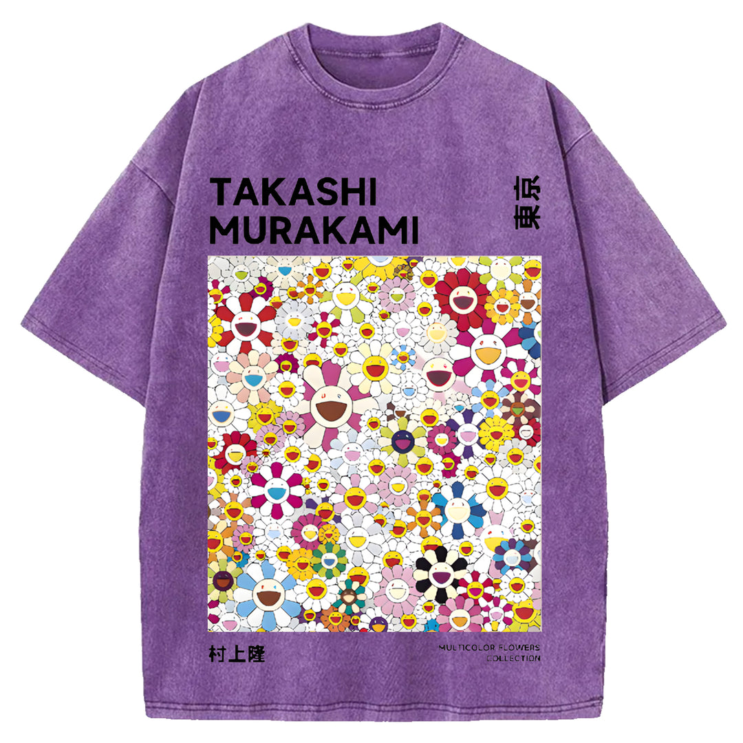 Flower TM Vintage Japanese Design Washed Crew Neck T-Shirt