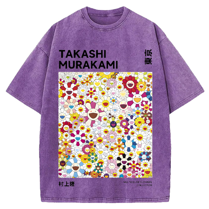Flower TM Vintage Japanese Design Washed Crew Neck T-Shirt