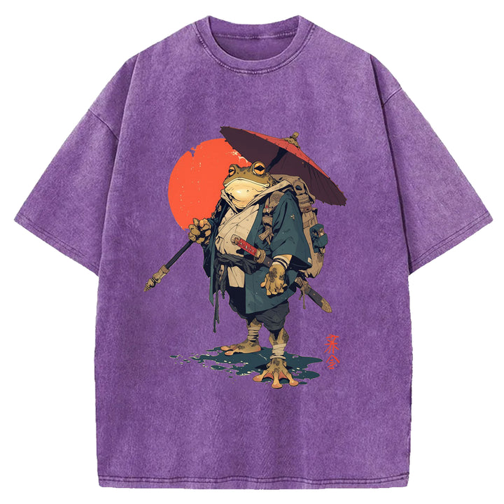 Japanese Frog Samurai Round Neck Washed T-Shirt