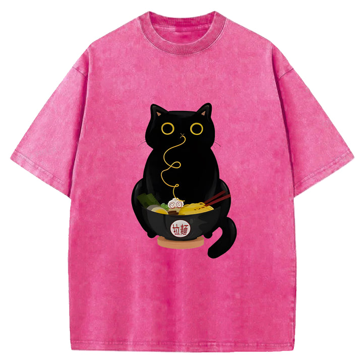 Black Cat Eating Ramen Washed Crew Neck T-Shirt