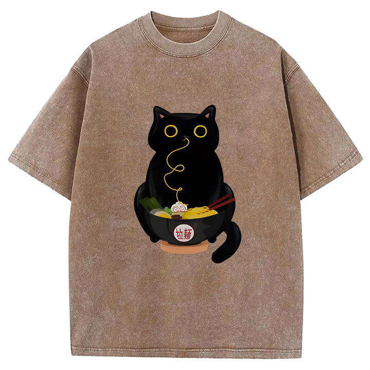 Black Cat Eating Ramen Washed Crew Neck T-Shirt