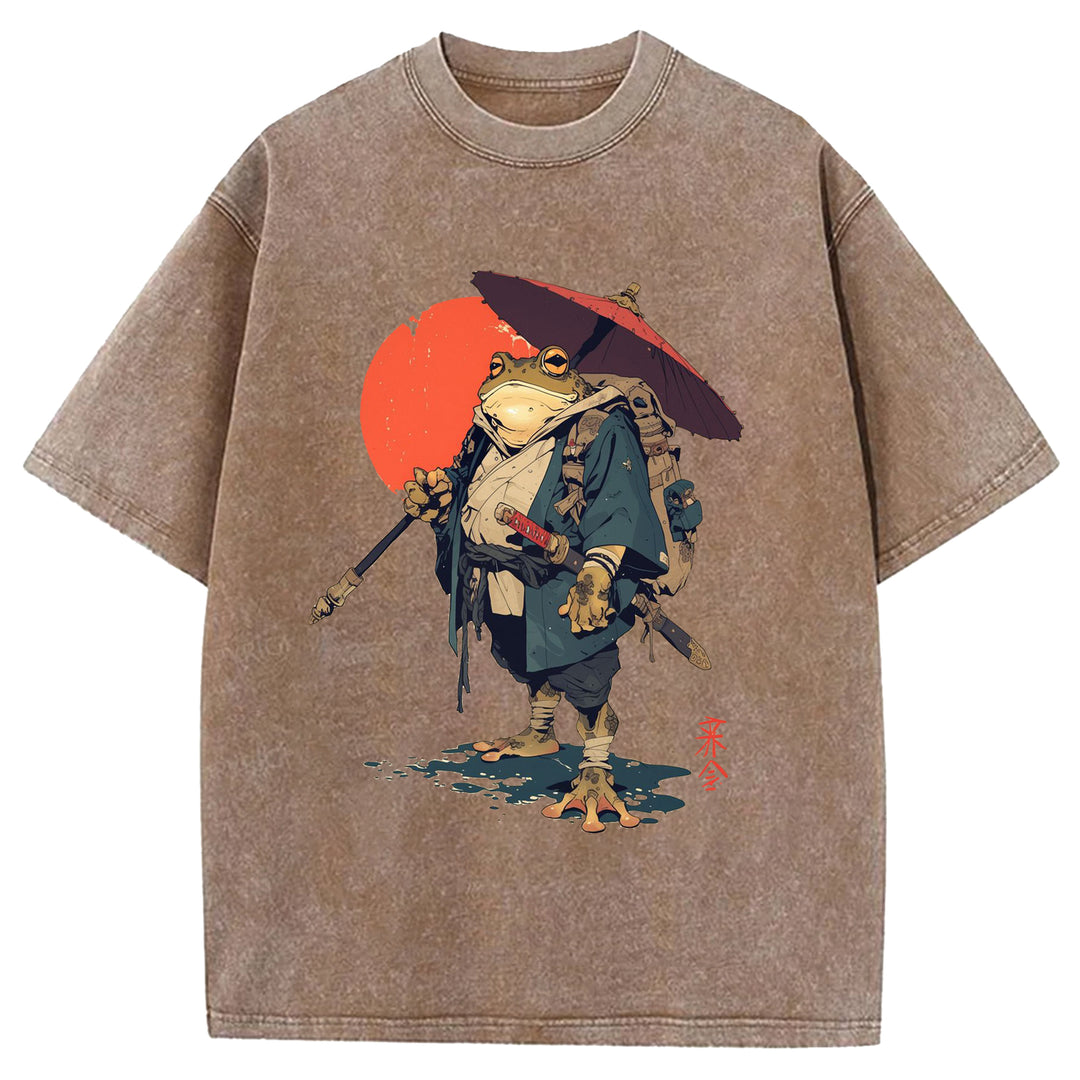 Japanese Frog Samurai Round Neck Washed T-Shirt