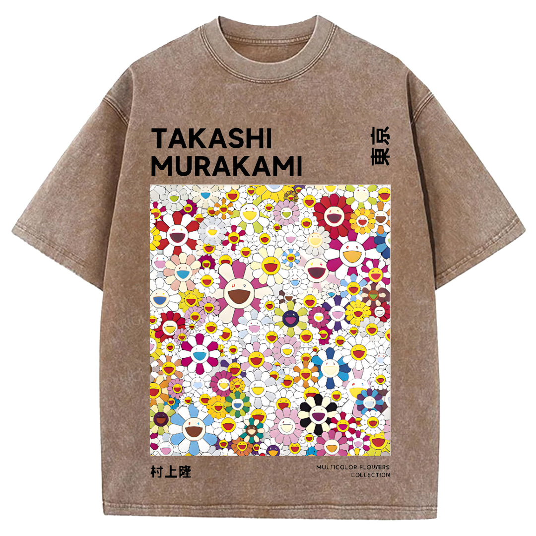 Flower TM Vintage Japanese Design Washed Crew Neck T-Shirt