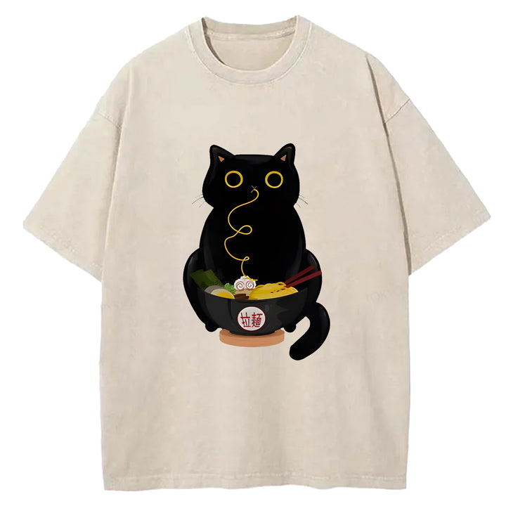 Black Cat Eating Ramen Washed Crew Neck T-Shirt