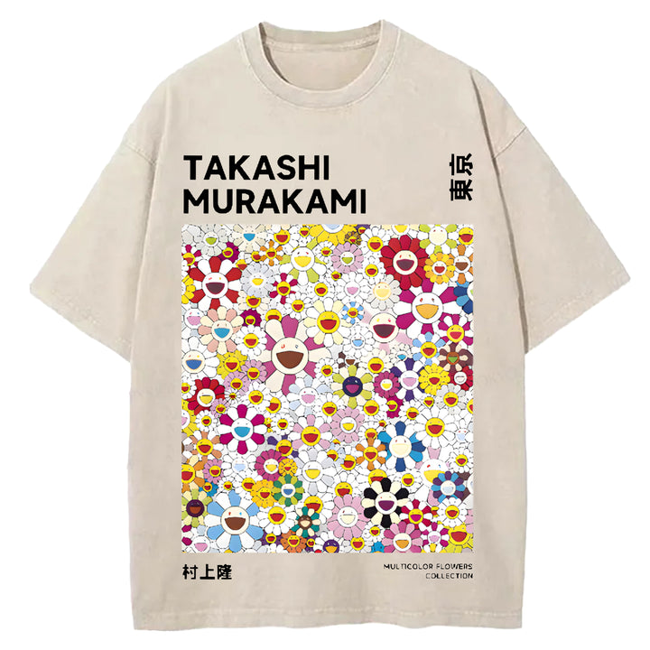 Flower TM Vintage Japanese Design Washed Crew Neck T-Shirt