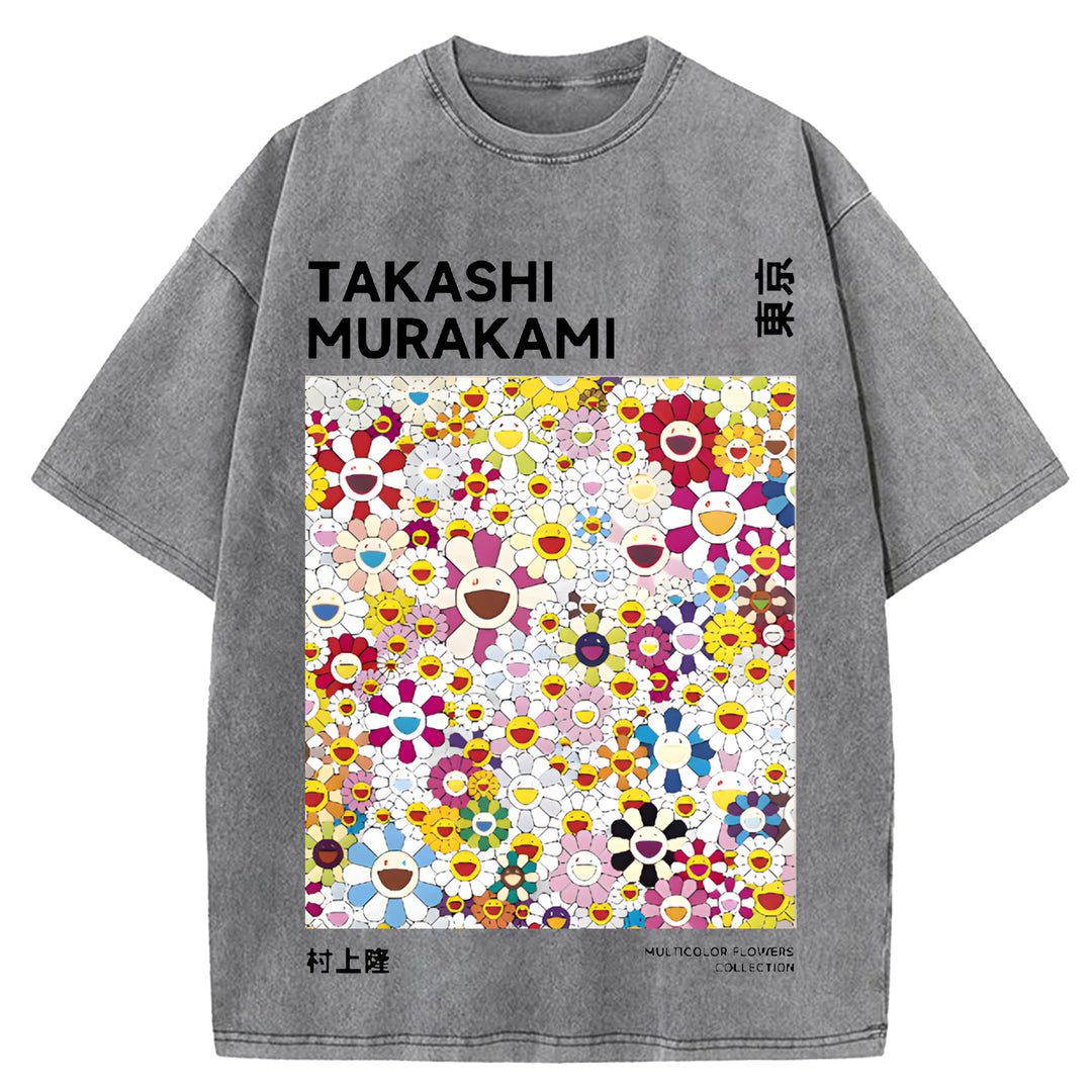 Flower TM Vintage Japanese Design Washed Crew Neck T-Shirt
