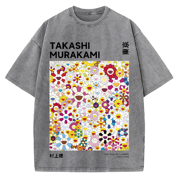 Flower TM Vintage Japanese Design Washed Crew Neck T-Shirt